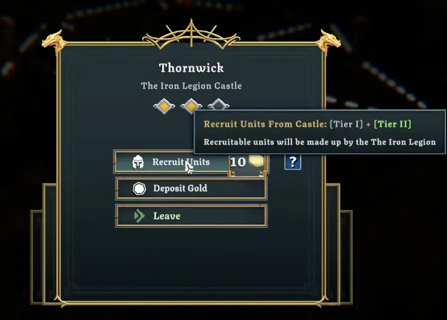 Tabletop Tavern town options showing deposit gold and recruit choices