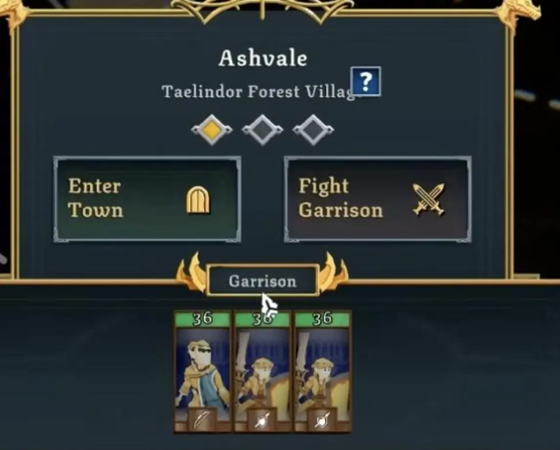 Tabletop Tavern town decision showing Enter Town and Fight Garrison
