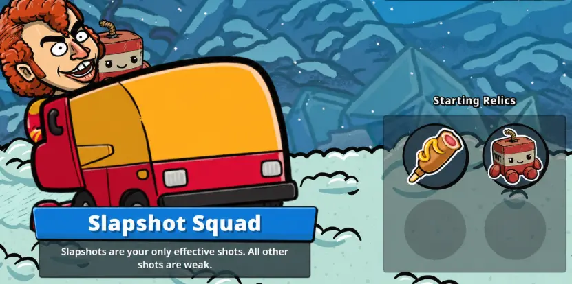 Slapshot Squad selection screen stating that slapshots are the only effective shots