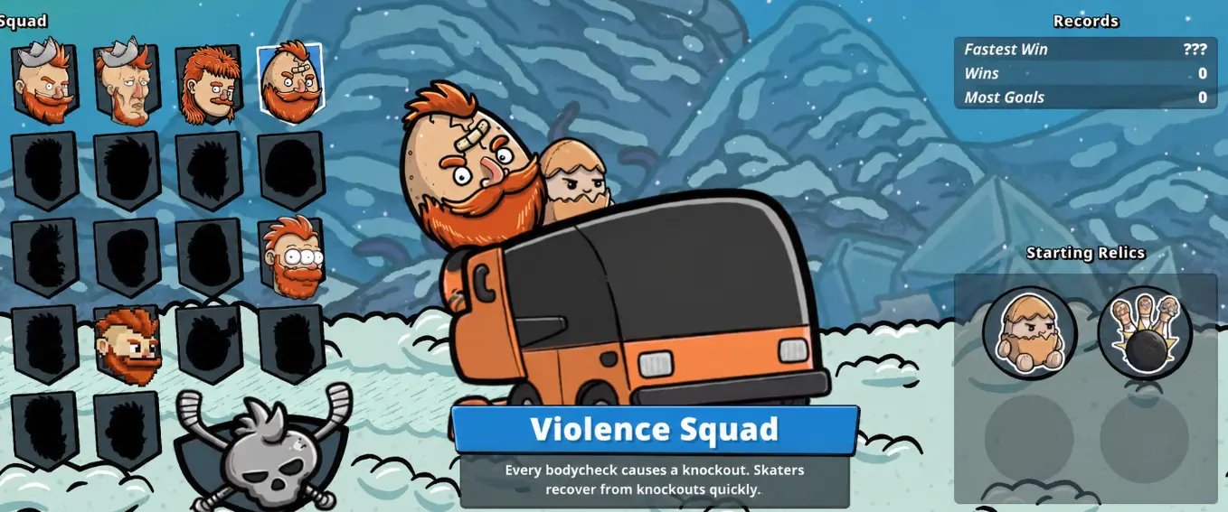 Violence Squad selection screen showing guaranteed body-check knockouts and quick recovery