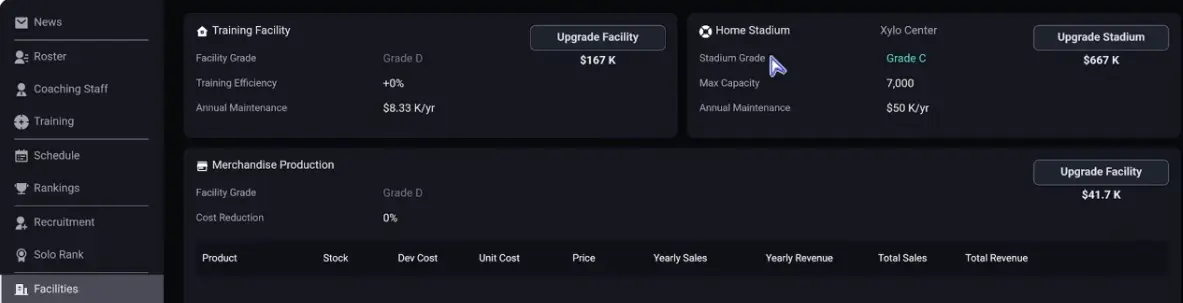 Teamfight Manager 2 facility upgrade screen for training, recovery, and recruitment