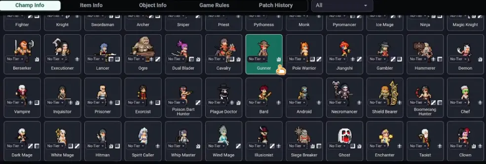Teamfight Manager 2 jungle champion information for Lancer Ninja Gunner and related jungle picks