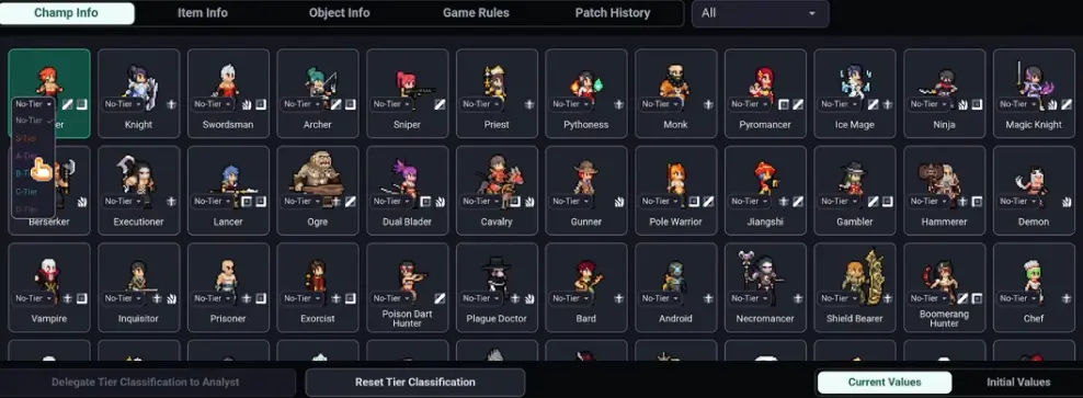 Teamfight Manager 2 personal tier list used as a patch note and draft notebook