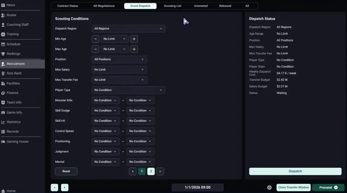 Teamfight Manager 2 player database filters for role, age, salary, fee, and ranking