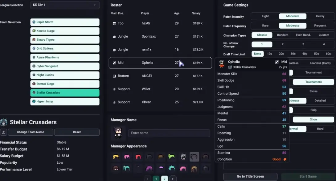Teamfight Manager 2 player profile showing stats and traits that affect champion assignment