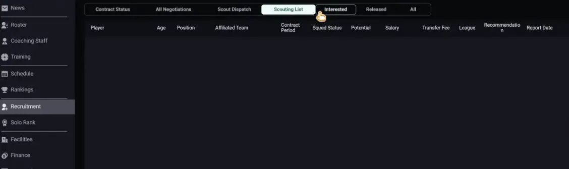 Teamfight Manager 2 recruitment menu with scouting and player search options