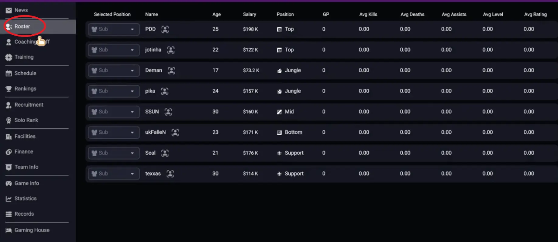Teamfight Manager 2 roster screen showing players, roles, and stats