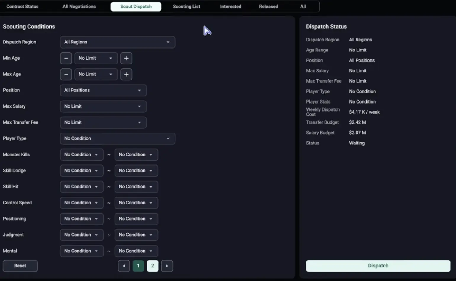 Teamfight Manager 2 scouting filters for region, age, role, transfer fee, and stats