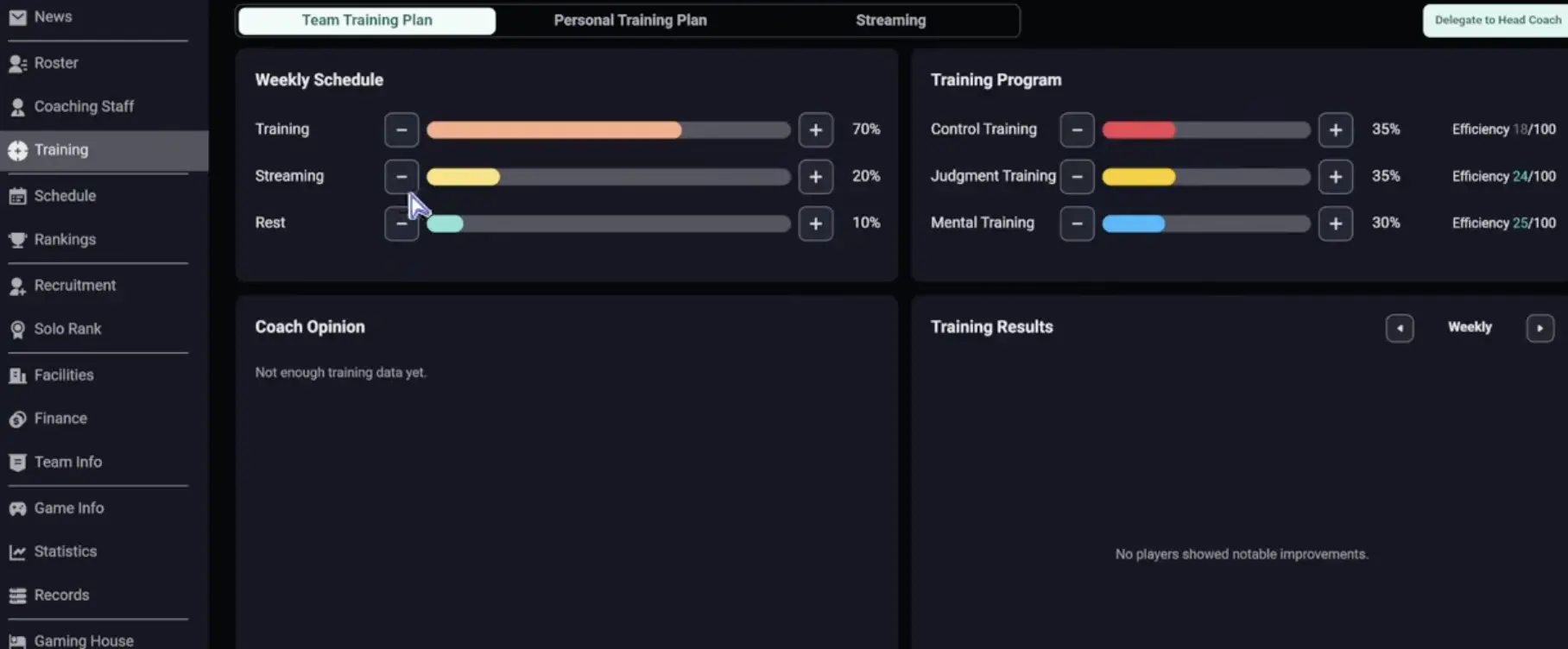 Teamfight Manager 2 training screen with player development options