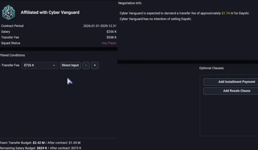 Teamfight Manager 2 transfer negotiation screen with fee and salary options