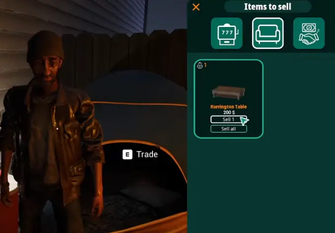 Items to sell option from Jacob in The House Always Wins