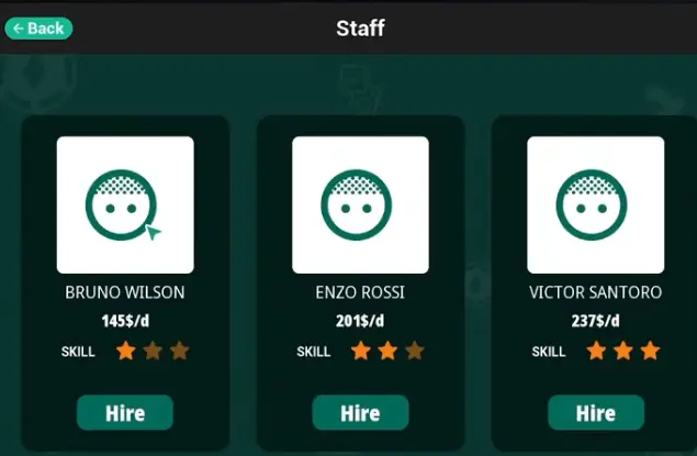 Cleaner candidates in The House Always Wins staff menu
