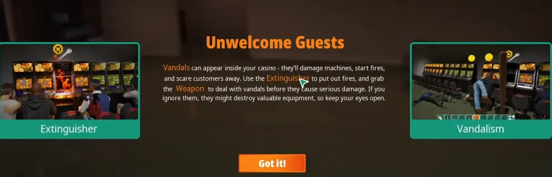 Unwelcome Guests tutorial explaining vandals and fires in The House Always Wins