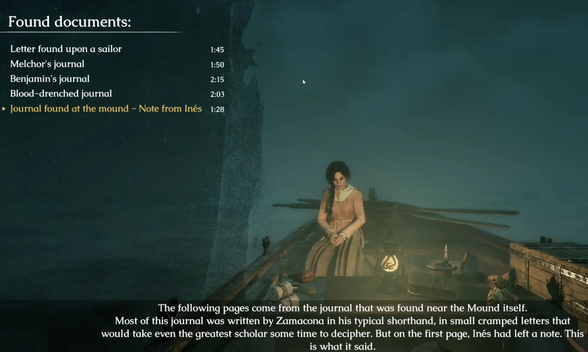 Journal found at the Mound with a note from Inés and writing by Zamacona