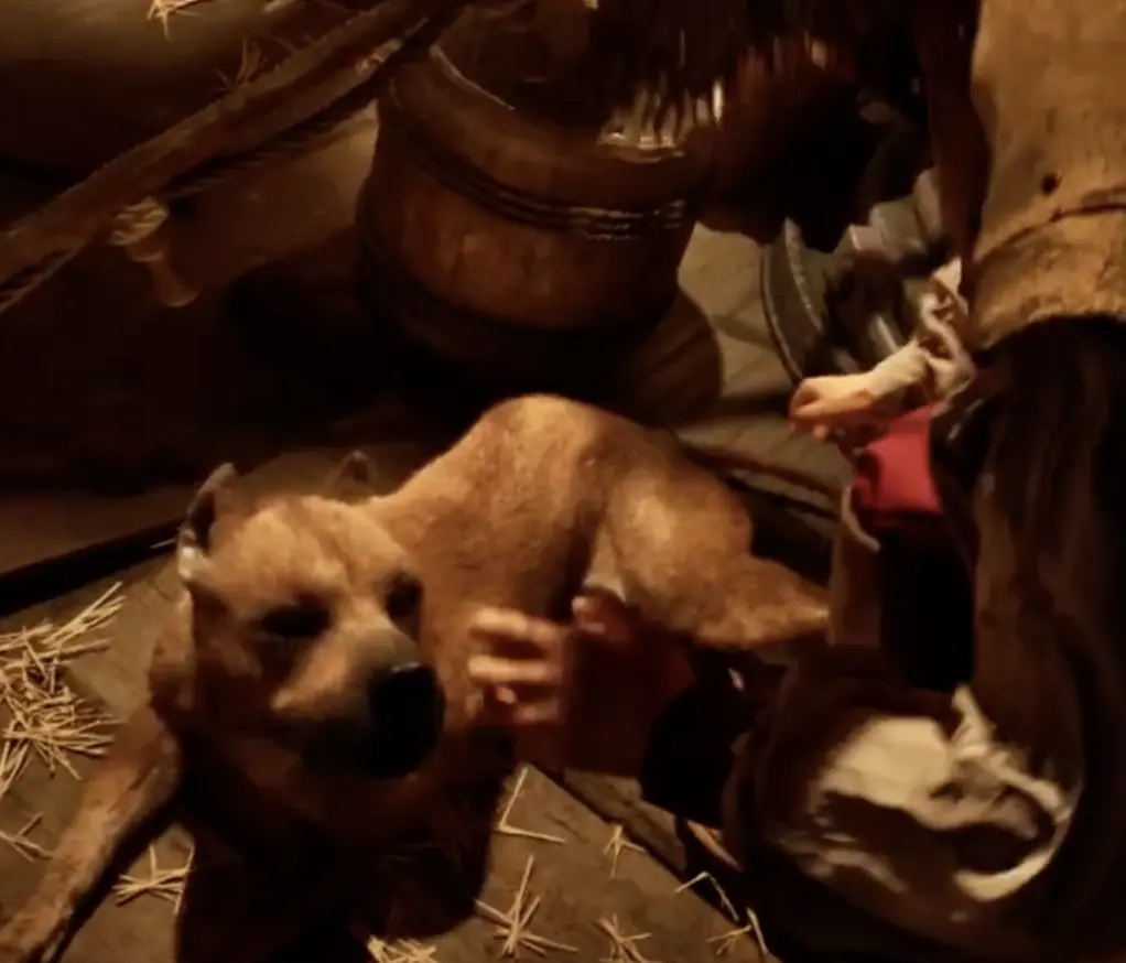 Petting the dog on the Tempestad before an expedition in The Mound Omen of Cthulhu