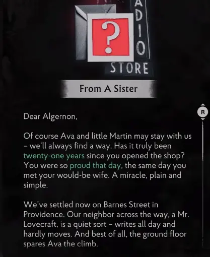 From A Sister letter used to solve the Apartment 5 safe in The Sinking City 2