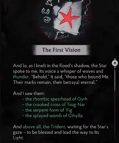 The First Vision showing the four Trident symbols in The Sinking City 2