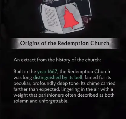 Origins of the Redemption Church showing the 1667 construction year in The Sinking City 2