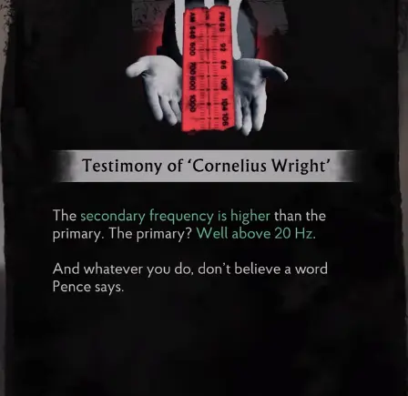 Cornelius Wright testimony for the Wireless Room brains puzzle in The Sinking City 2