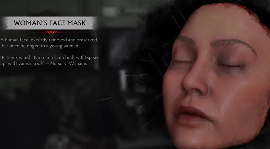 Woman's Face Mask in Akeley Memorial Hospital in The Sinking City 2