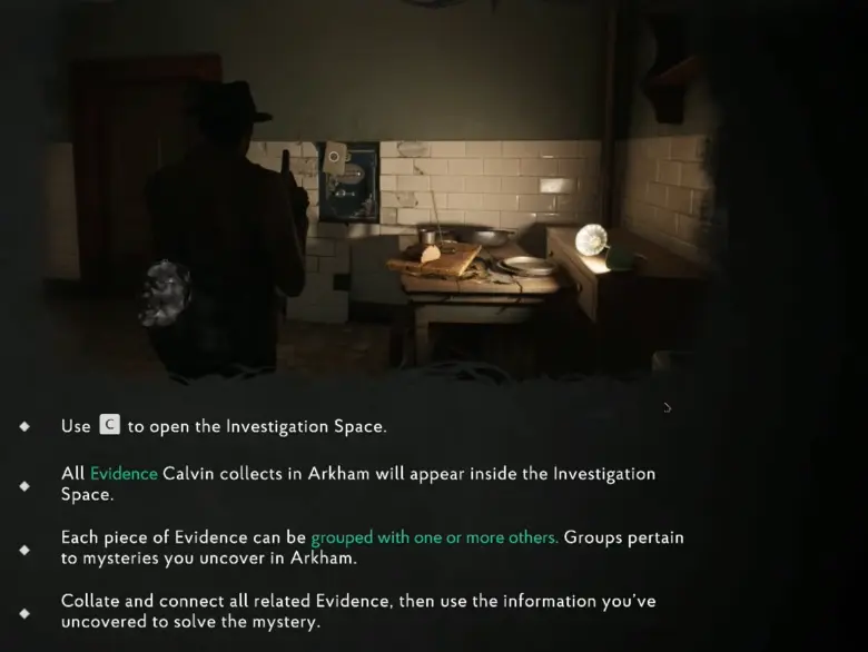 Investigation Space evidence grouping tutorial in The Sinking City 2