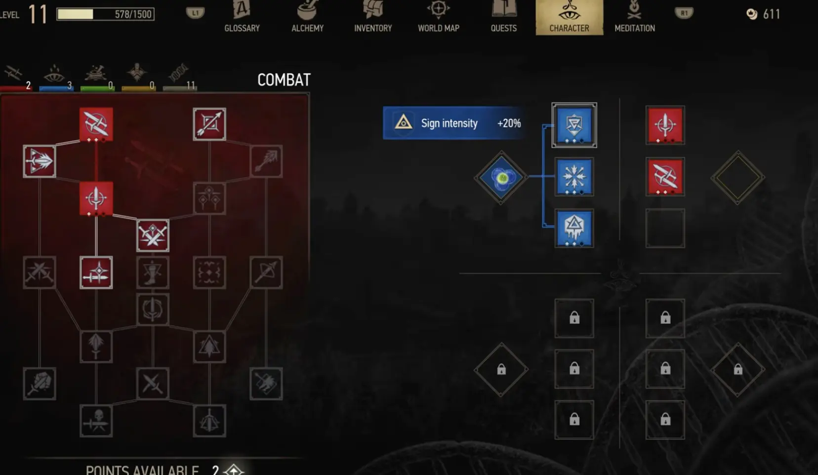Level 11 Combat and Signs progression in The Witcher 3 Remastered