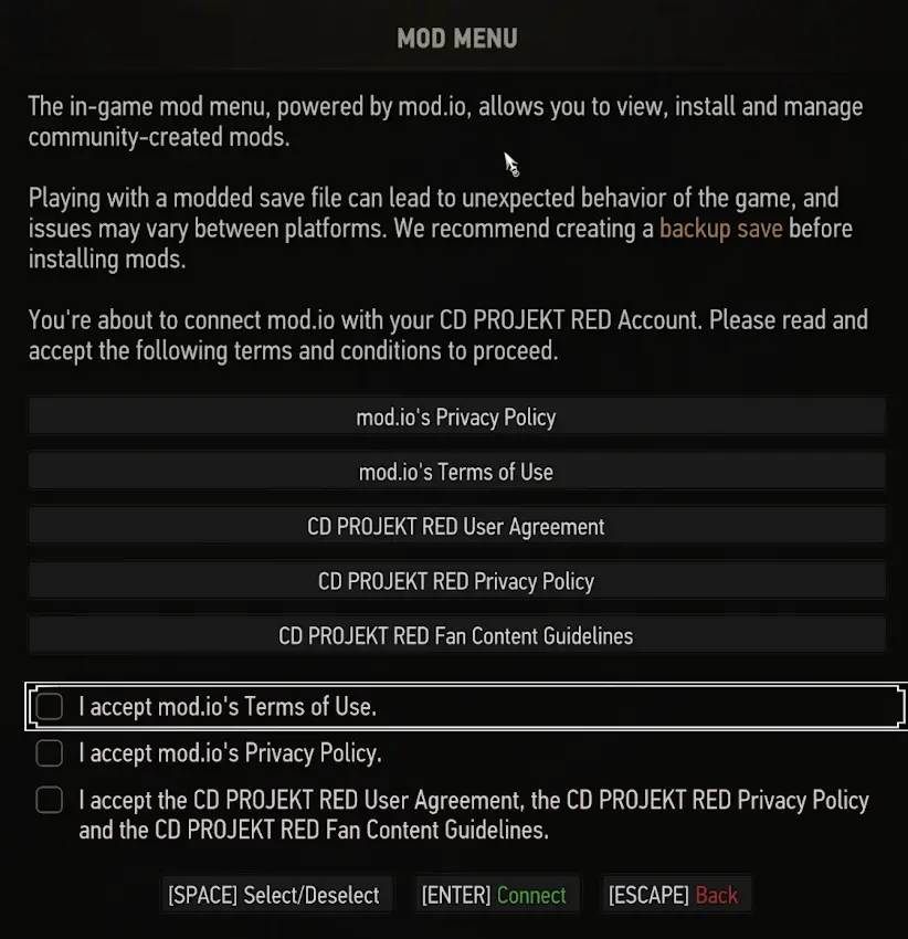 Cross-platform mod.io menu in The Witcher 3 Remastered