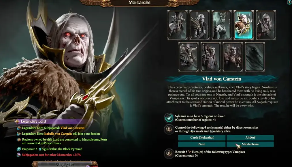 Nagash Mortarch requirements connected to the Grey Mountains, Empire, Nuln, and Silver Pinnacle