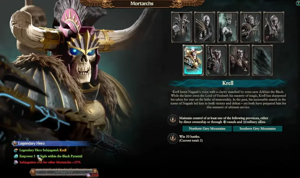 Nagash Mortarch reward showing five Black Pyramid Sigils and increased subjugation cost