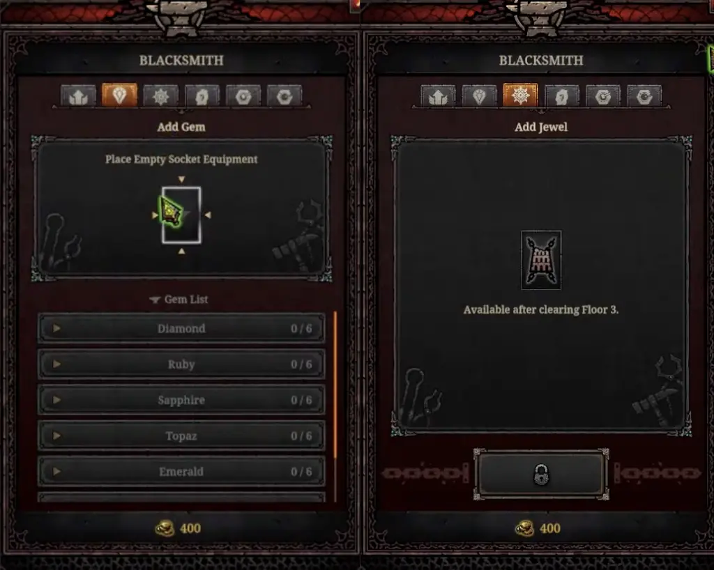 Tower of Babel Survivors of Chaos Blacksmith Add Jewel panel showing available after clearing Floor 3