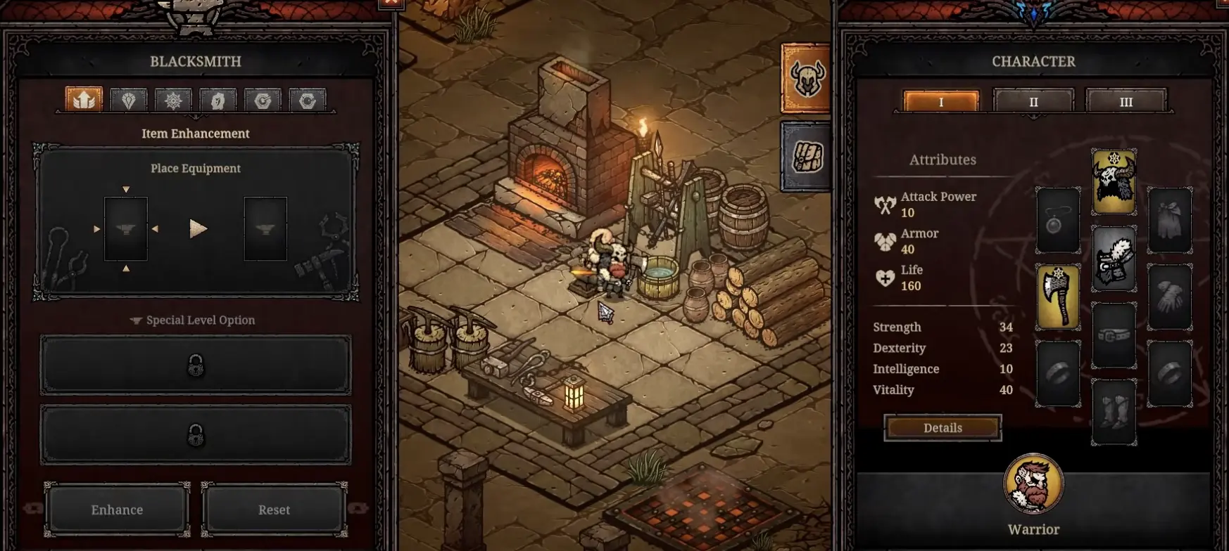 Tower of Babel Survivors of Chaos Blacksmith menu showing item enhancement and gear strengthening options