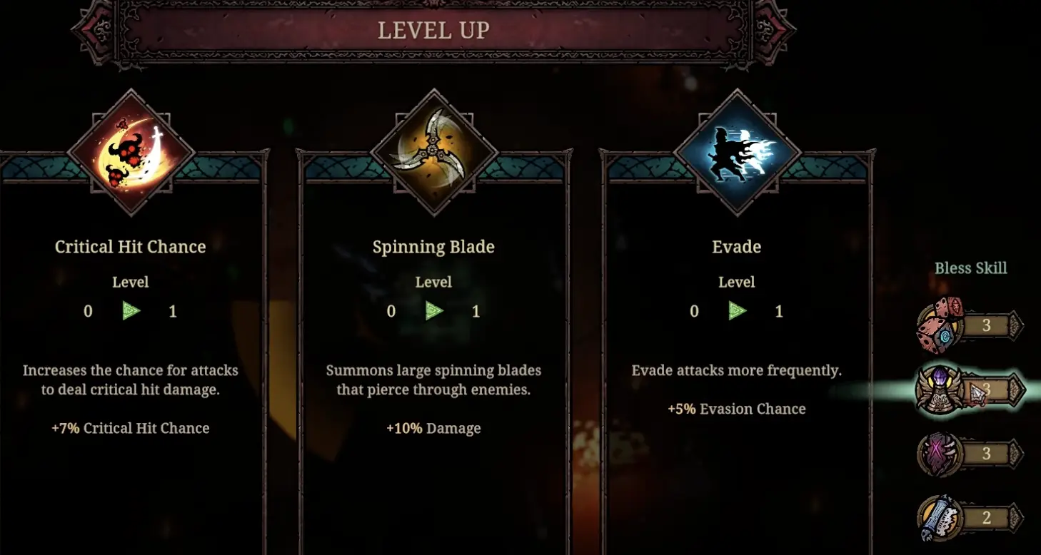 Tower of Babel Survivors of Chaos level-up utility options showing reroll, bless, ban, and identify choices