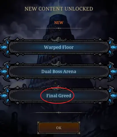 Tower of Babel Survivors of Chaos endgame menu showing Warped Floor, Dual Boss Arena, and Final Greed