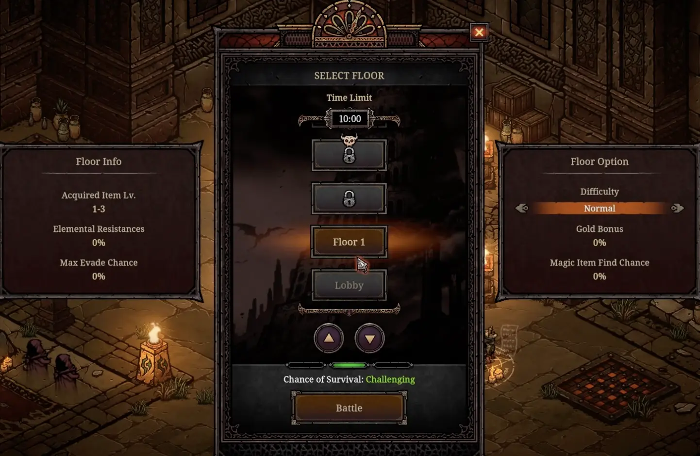 Tower of Babel Survivors of Chaos floor selection screen showing normal difficulty, item level, time limit, and boss indicator