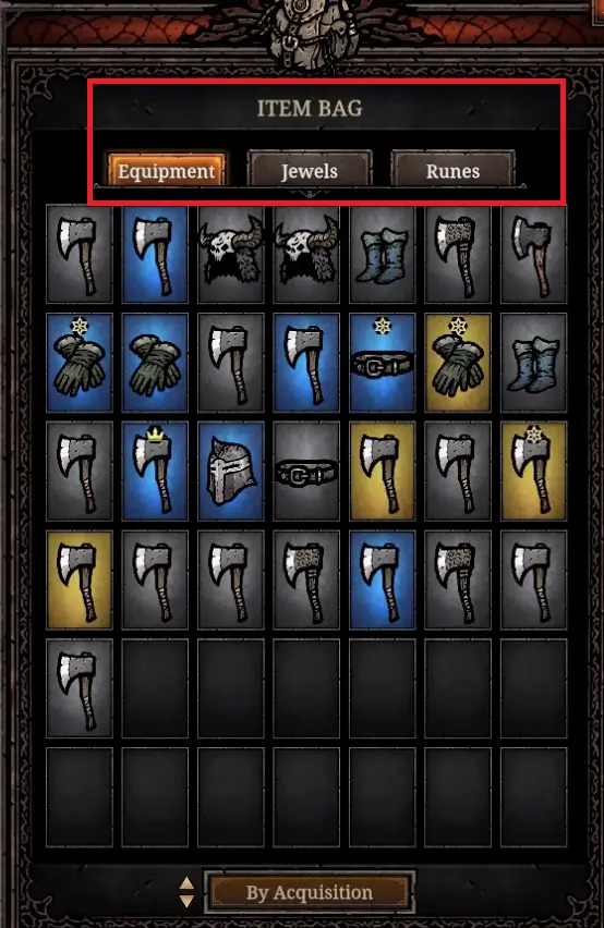 Tower of Babel Survivors of Chaos item bag showing Equipment, Jewels, and Runes tabs