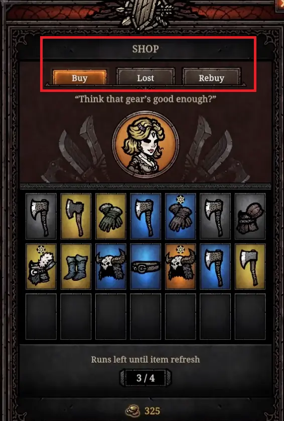 Tower of Babel Survivors of Chaos merchant shop showing Buy, Lost, and Rebuy tabs
