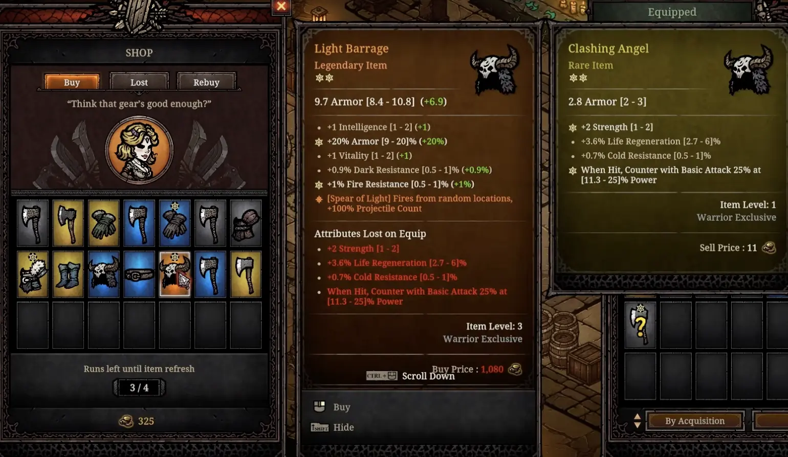Tower of Babel Survivors of Chaos shop showing a legendary item with a Spear of Light effect and plus 100 percent projectile count