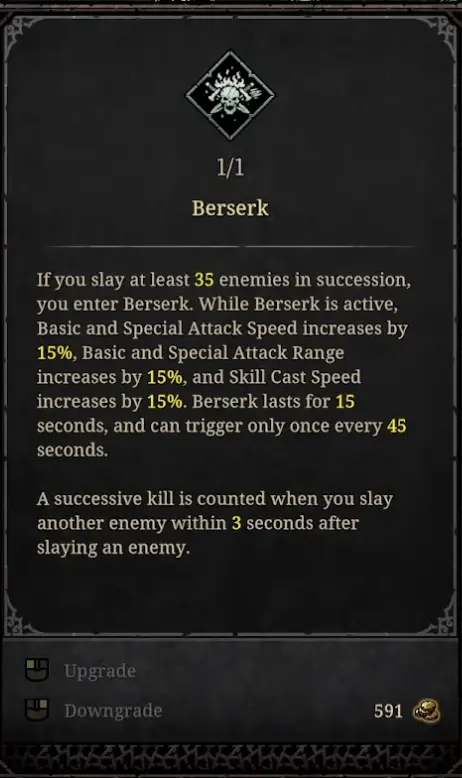 Tower of Babel Survivors of Chaos Berserk tooltip showing 35 successive kills, 15 second duration, and 45 second cooldown