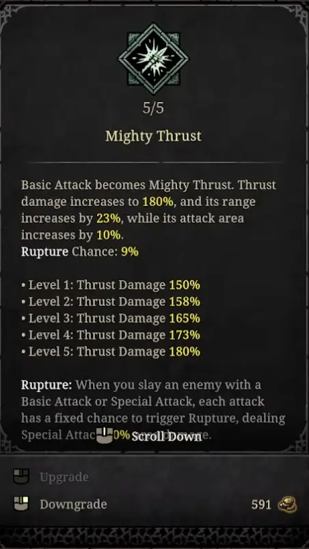 Tower of Babel Survivors of Chaos Mighty Thrust tooltip showing damage, range, attack area, and rupture chance