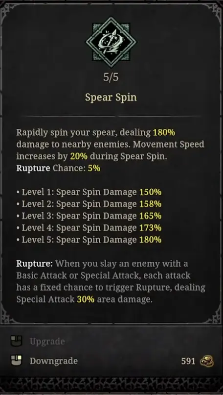 Tower of Babel Survivors of Chaos Spear Spin tooltip showing special attack damage, movement speed, and rupture chance