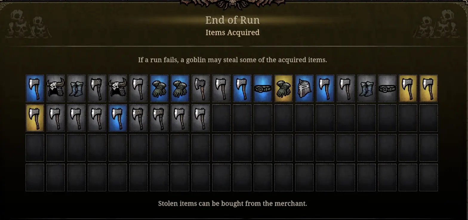 Tower of Babel Survivors of Chaos end of run screen warning that a goblin may steal acquired items and stolen items can be bought from the merchant