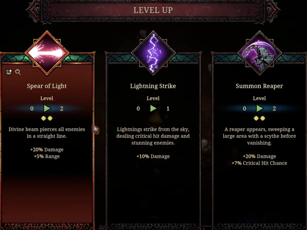 Tower of Babel Survivors of Chaos level-up screen showing Summon Reaper, Spear of Light, and Lightning Strike skill choices