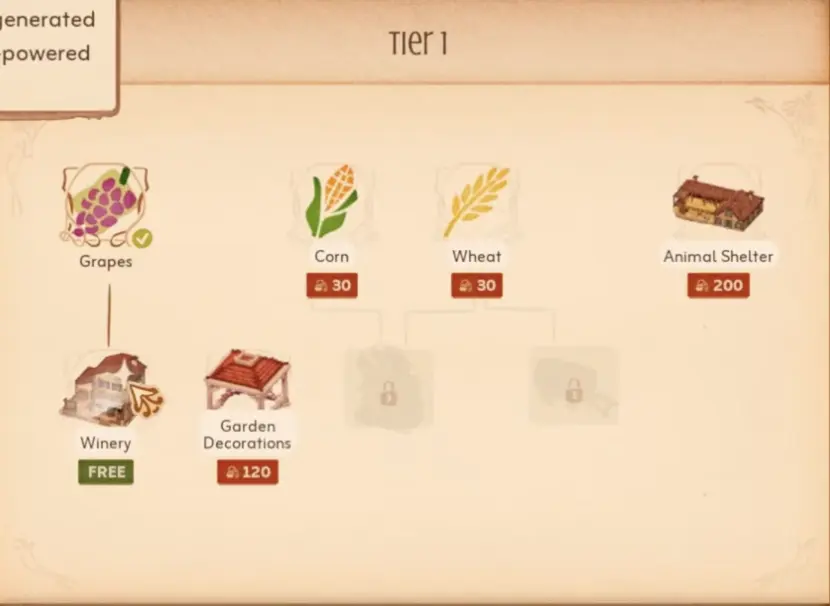 Town to City farm menu showing grapes, winery, Farm Points, and first crop setup