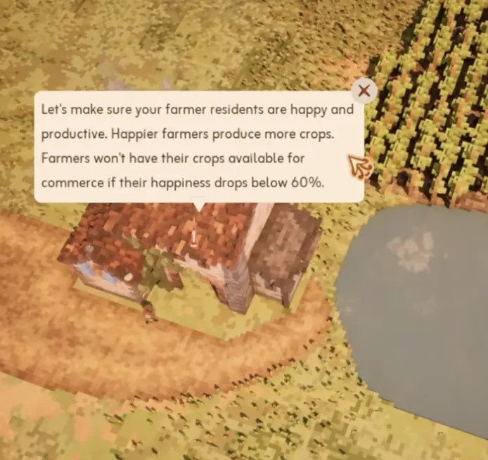 Town to City farming tutorial explaining that happier farmers produce more crops and farmers below 60 percent may not provide crops for commerce