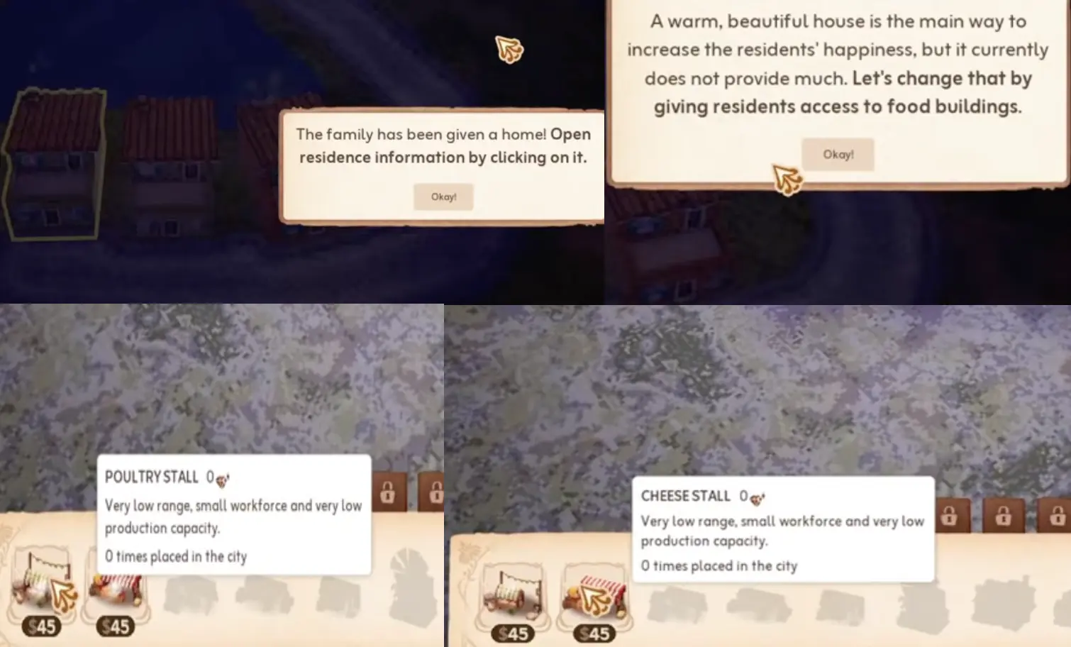 Town to City residence tutorial explaining that houses need food buildings to increase happiness