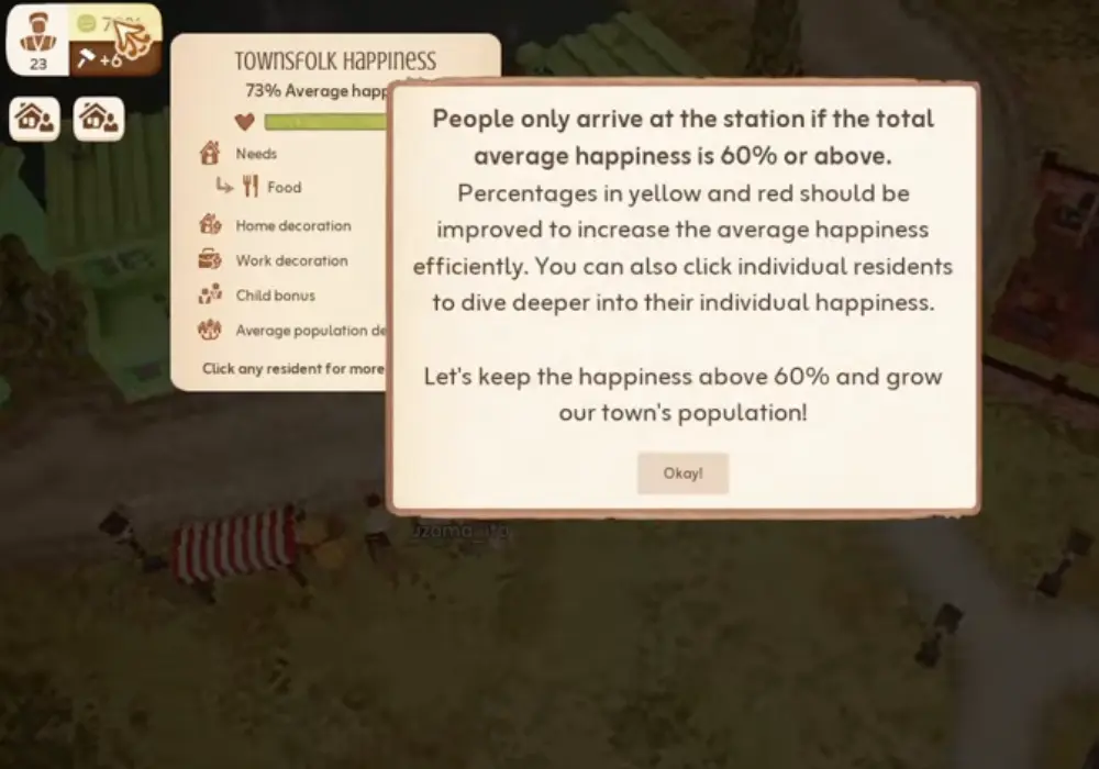 Town to City happiness breakdown explaining that people only arrive if total average happiness is 60 percent or above