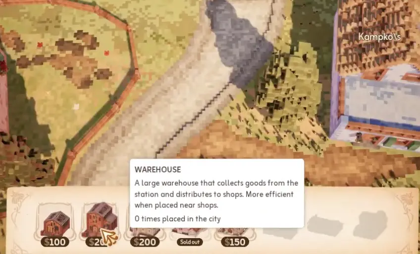 Town to City larger warehouse placement with road rebuilding and worker assignment