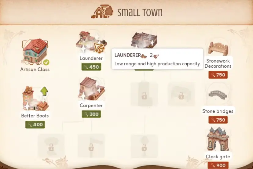 Town to City late-game service area with launderer, luxury needs, entertainment, and warehouse worker pressure