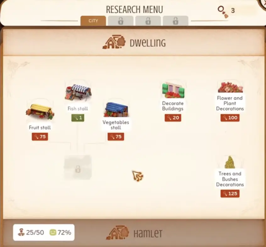 Town to City research menu showing Fish Stall and early Hamlet progress requirements