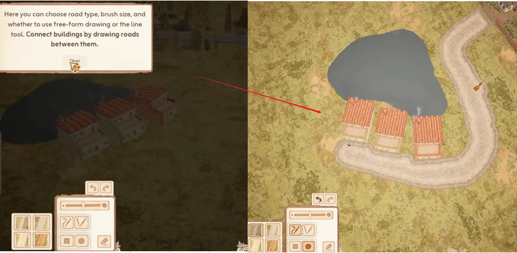 Town to City road drawing tools showing road type, brush size, free-form drawing, and line tool options